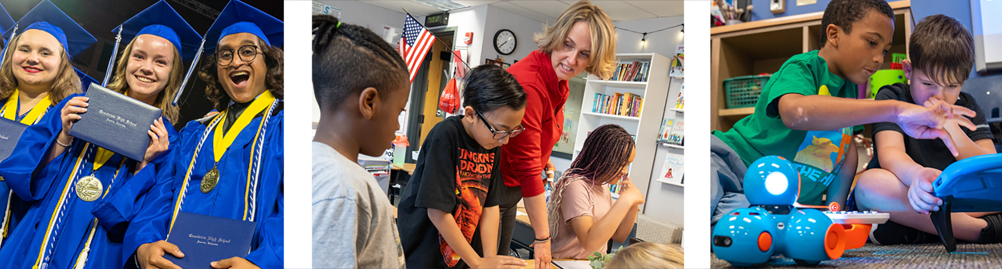 graduates, teacher working with elementary students, high school student working wearing hard hat